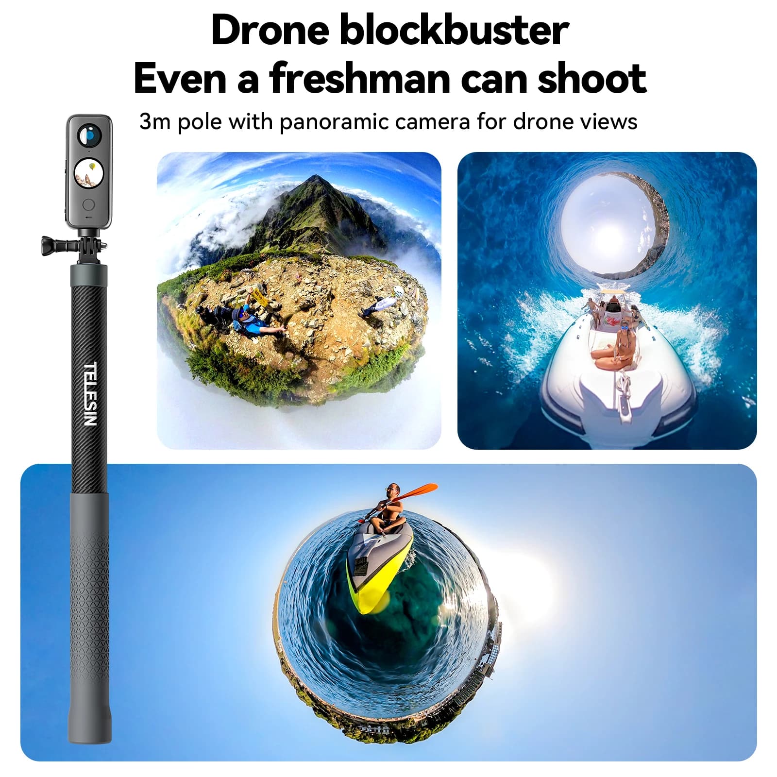 TELESIN 1.2M 3M fibre de carbone Selfie bâton monopode extensible avec 1/4 vis pour GoPro Insta360 O