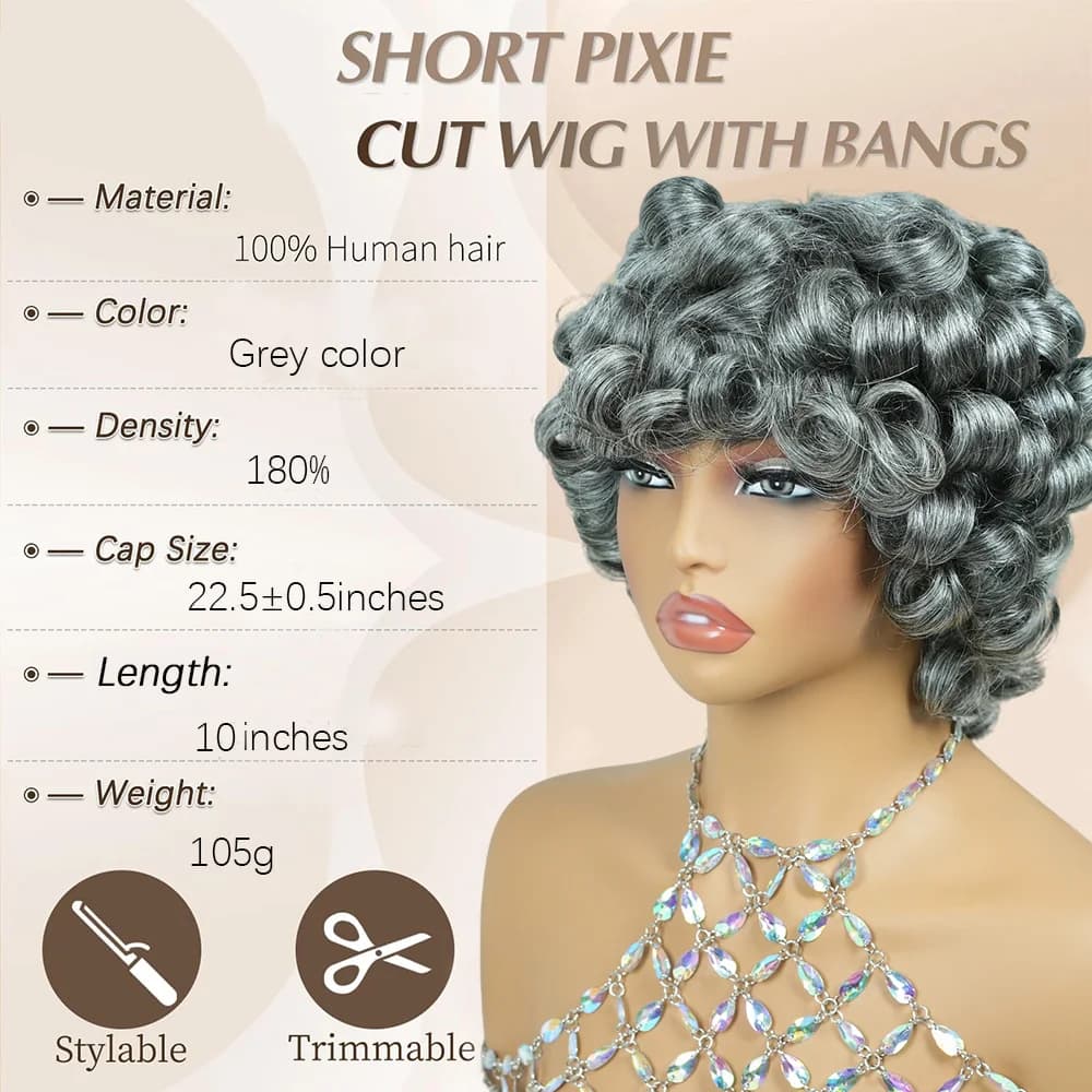 Perruques en cheveux humains coupés pixie, sel et poivre, pour femmes, cheveux gris, noir mélangé av