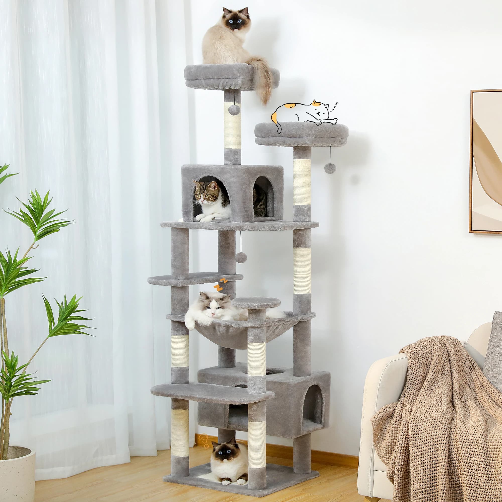 Grand arbre et tour pour chats d'intérieur, avec postes à gratter recouvertes de Sisal, hamac spacie