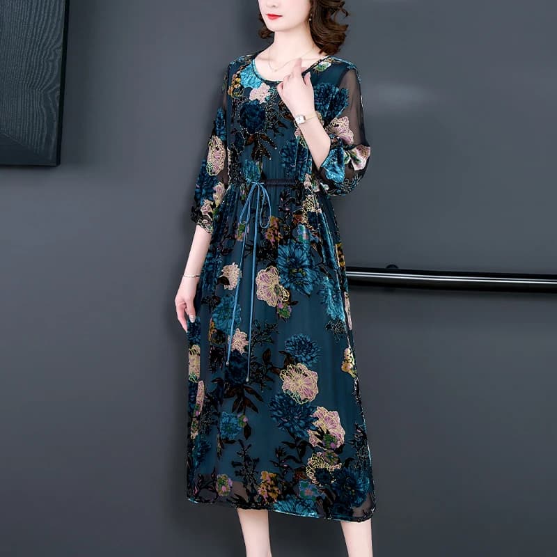 InjVelvet-Robe à manches longues à imprimé flocage, Robe bleue, Col rond, Taille adt, Mince, Longueu