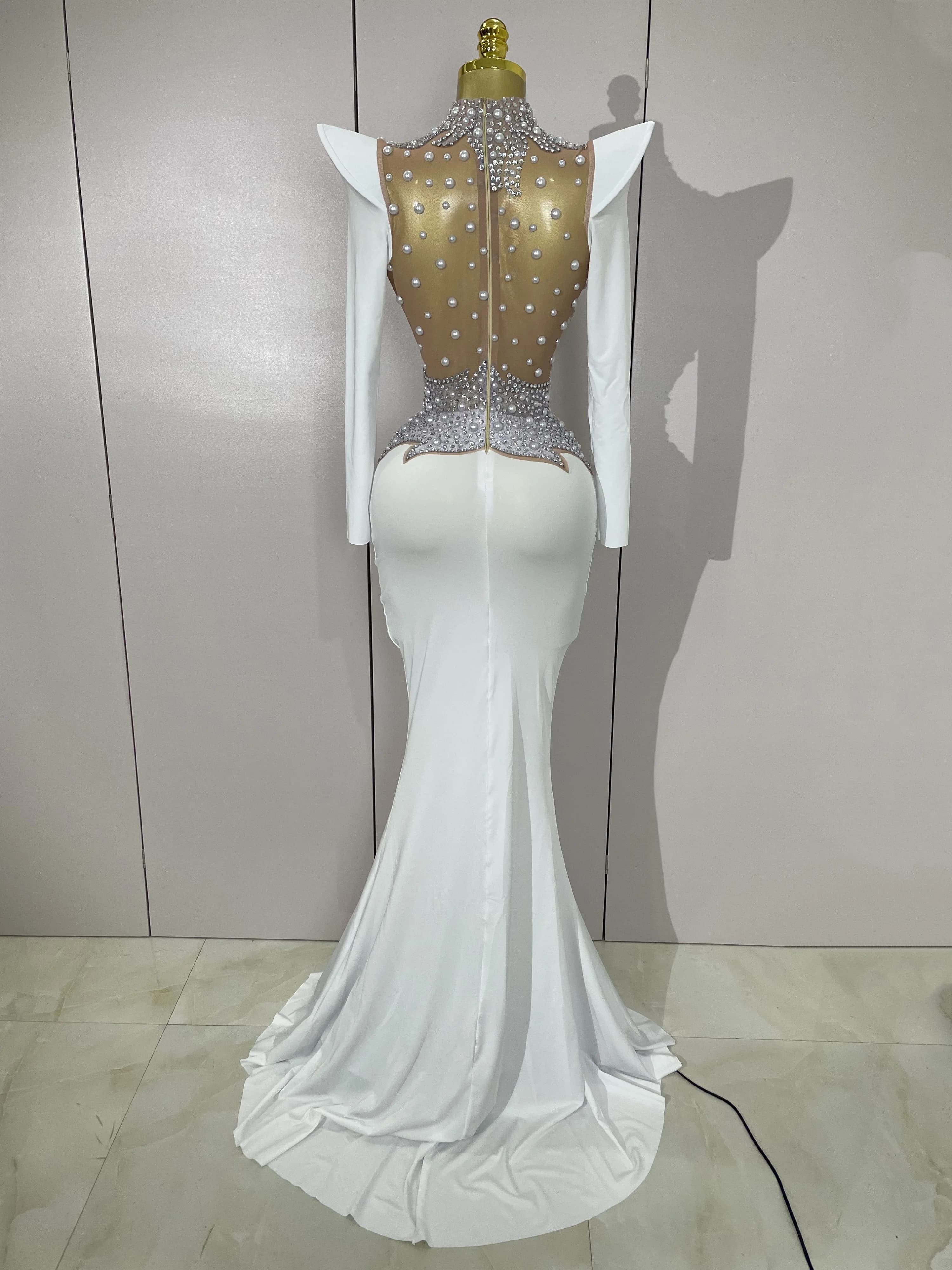 Robe longue de luxe en maille transparente pour femmes, diamants scintillants, blanc perle, robe de 