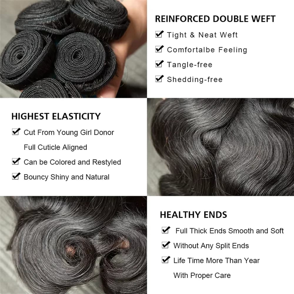 Extensions de Cheveux Humains Vierges Bruts Non Traités Remy Brésiliens Ondulés Double Drawn, 30 32 