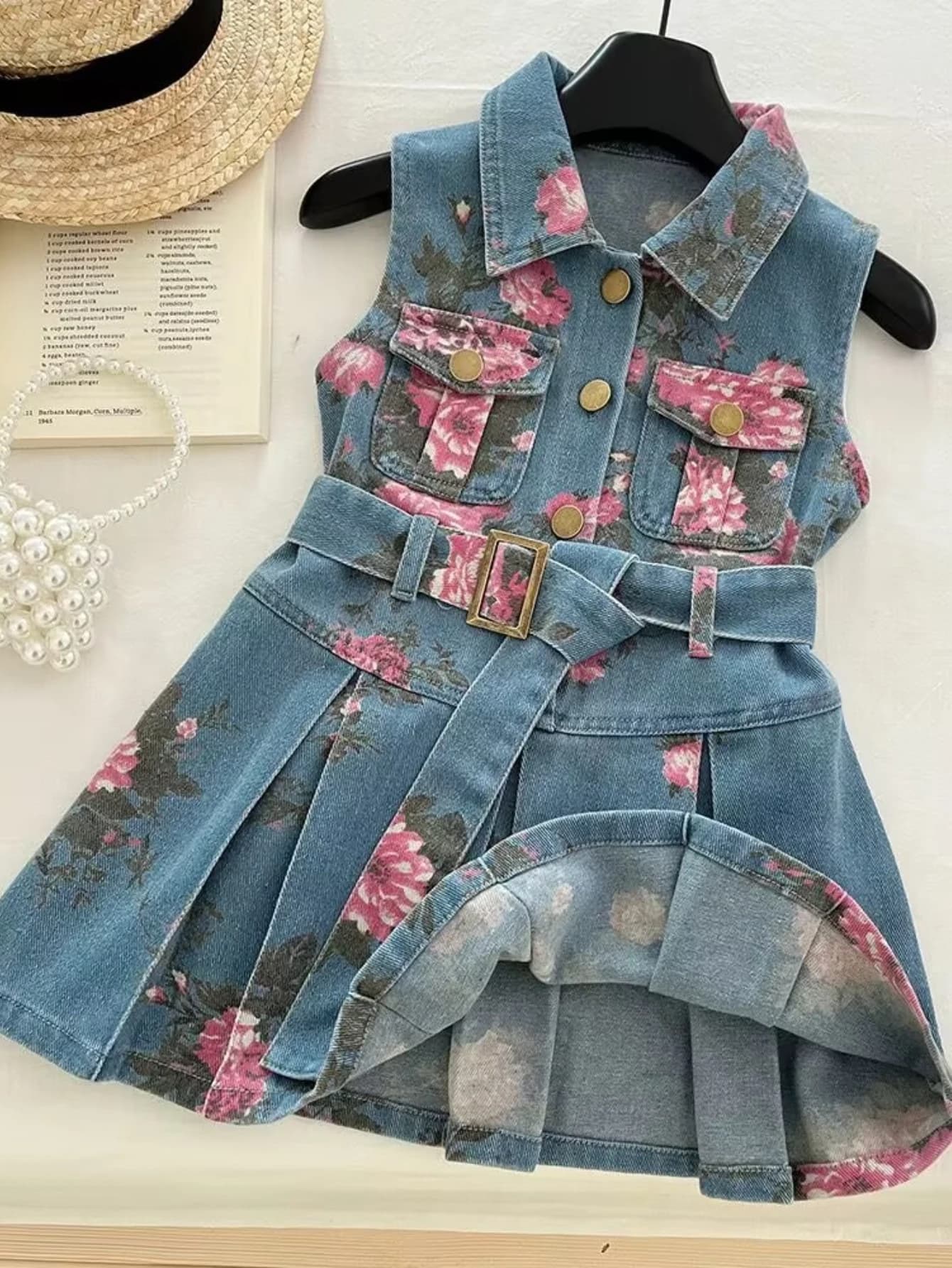 Robe d'été en jean pour filles – Col à imprimé floral et jupe trapèze ceinturée, robe de princesse d