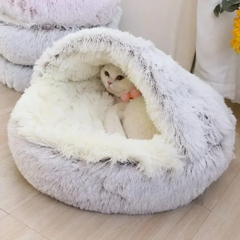 Coussin rond semi-fermé pour animaux de compagnie, sacs de couchage, long, doux, en peluche, 2 en 1,