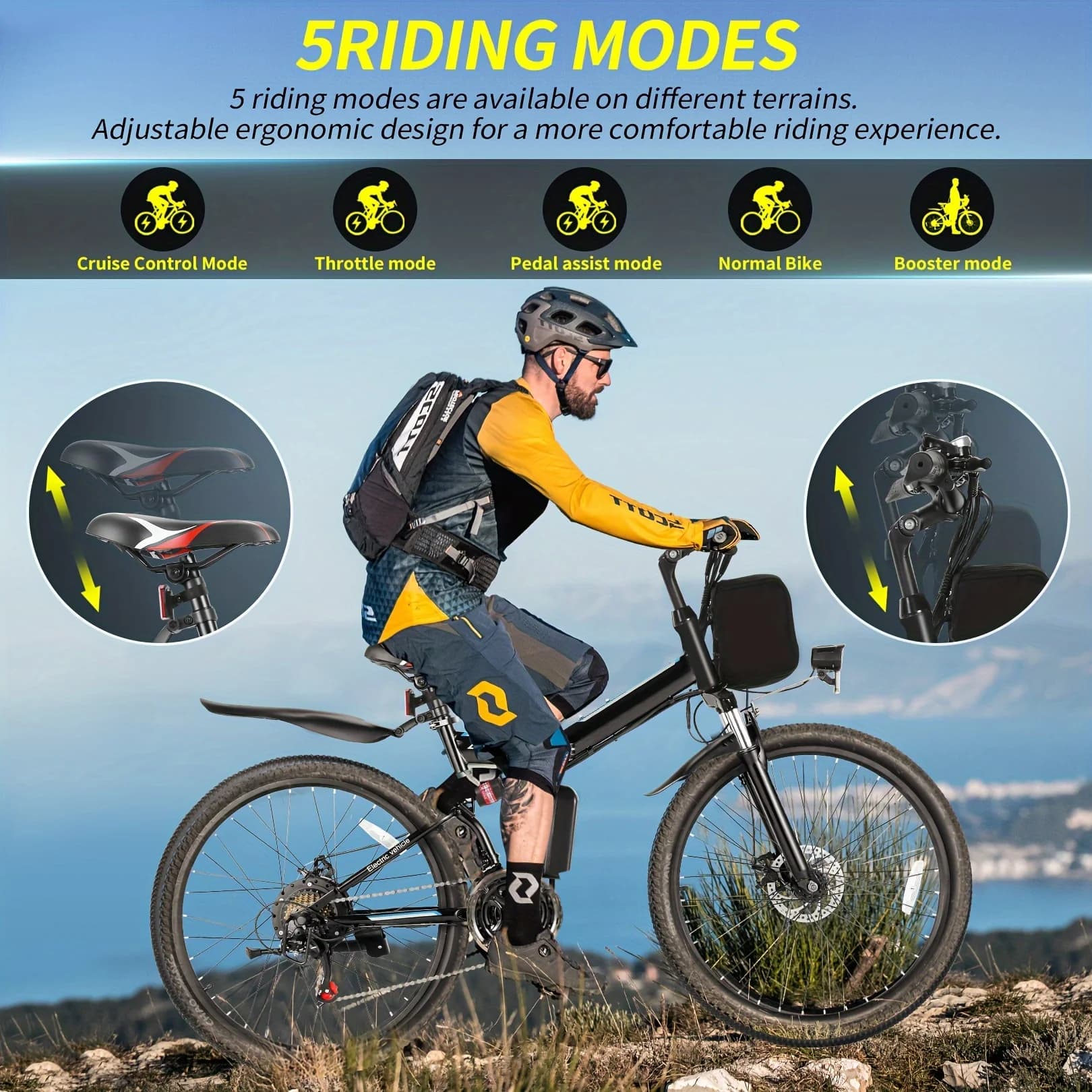 Vivi M026TGB Vélo électrique pliant 26" pour adultes, avec moteur 500 W, batterie amovible 48 V 20 M