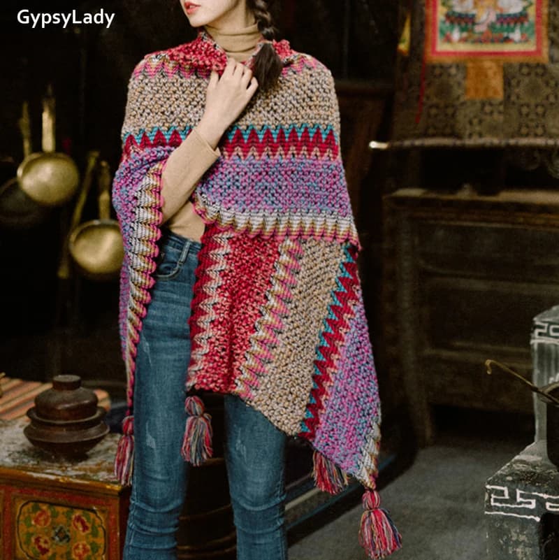 Pouvez-vous psyLady-Poncho Vintage Boho Everaks pour femme, Capes, Top, Floral, Pampilles, Chic, Rou