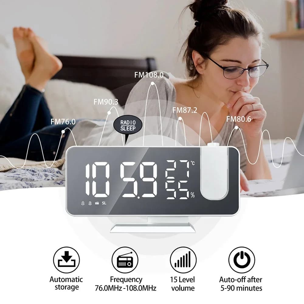 LED numérique miroir Projection réveil maison FM Radio thermomètre hygromètre USB réveil montre 180 
