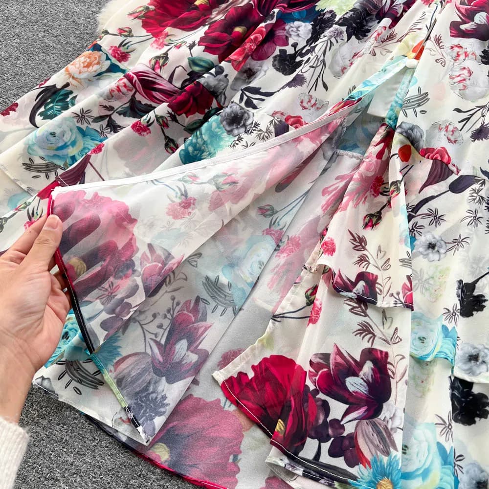Robe de style bohème pour femme, col en V profond, manches longues, décontracté, imprimé floral, vol