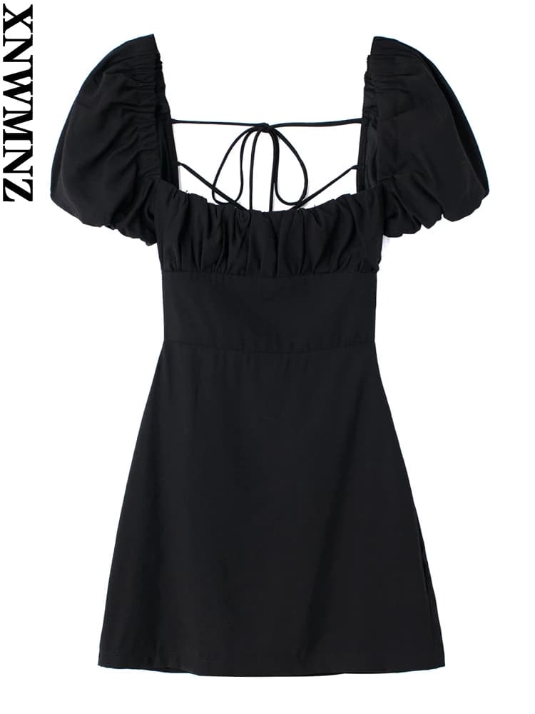 XNWMNZ 2022 femmes mode lin mélangé robe vacances style col carré manches bouffantes dos bretelles c