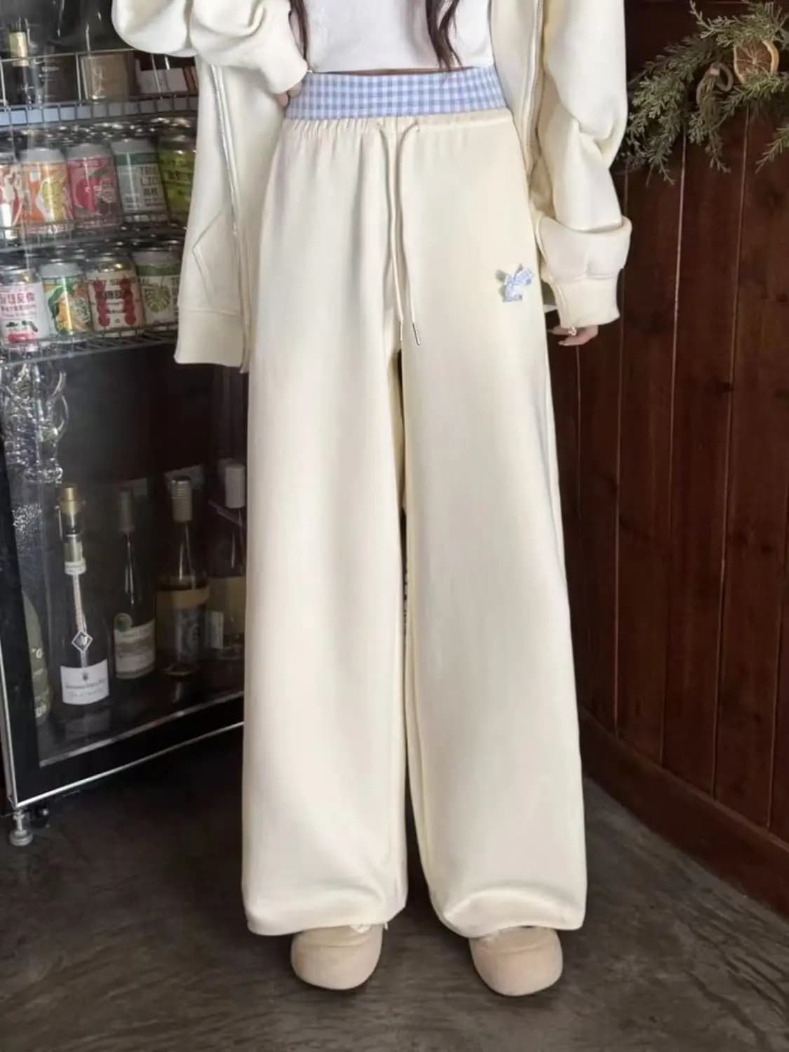 Vintage mignon nœud pantalons décontractés femmes Plaid Patchwork taille haute pantalon à jambes lar