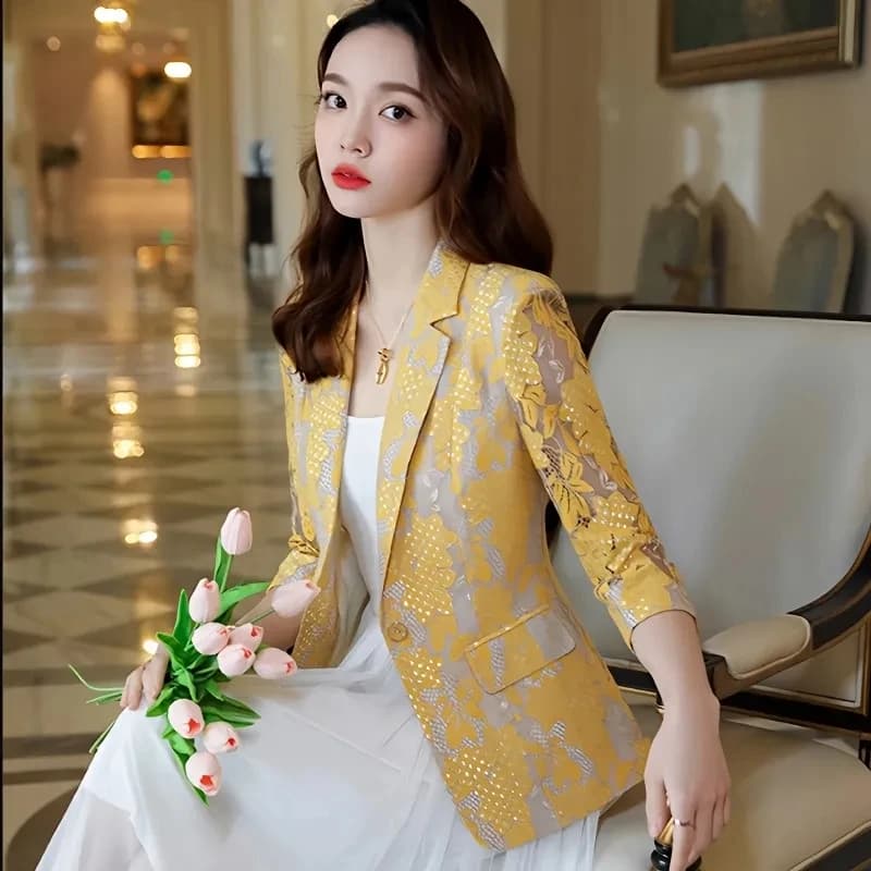 Blazer en dentelle mince pour femme, petite veste trempée, blazer évidé mince pour femme, bouton uni