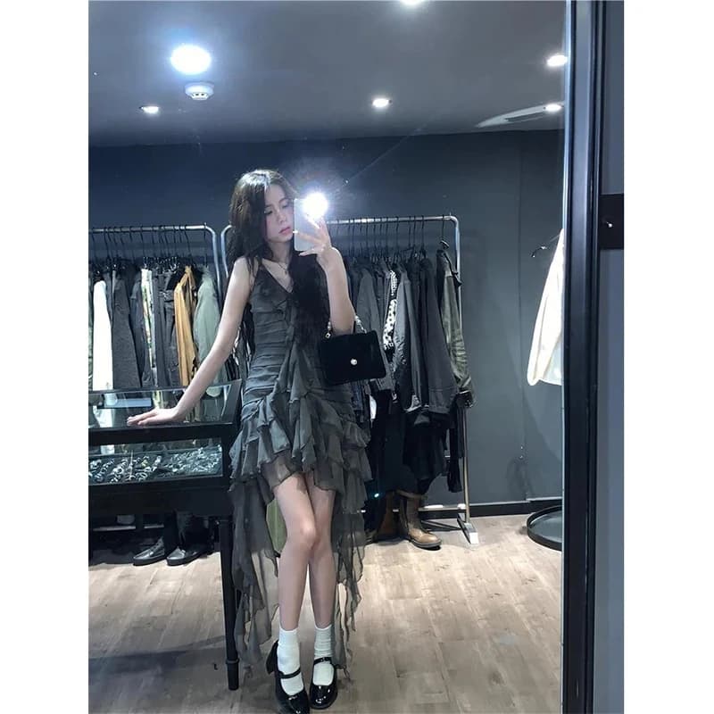 MEXZT-Mini robe irrégulière à volants pour femmes, robe trapèze, col en V nickel é foncé, bretelles 