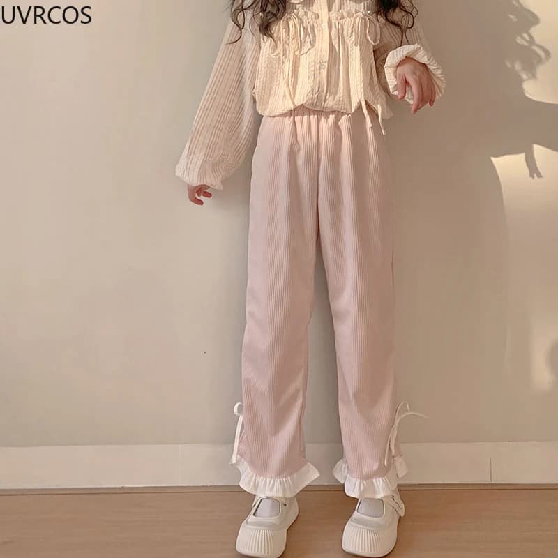 Pantalon en velours côtelé à nœud rose pour femme, style Sweet Lolita, volants Kawaii, bandage latér