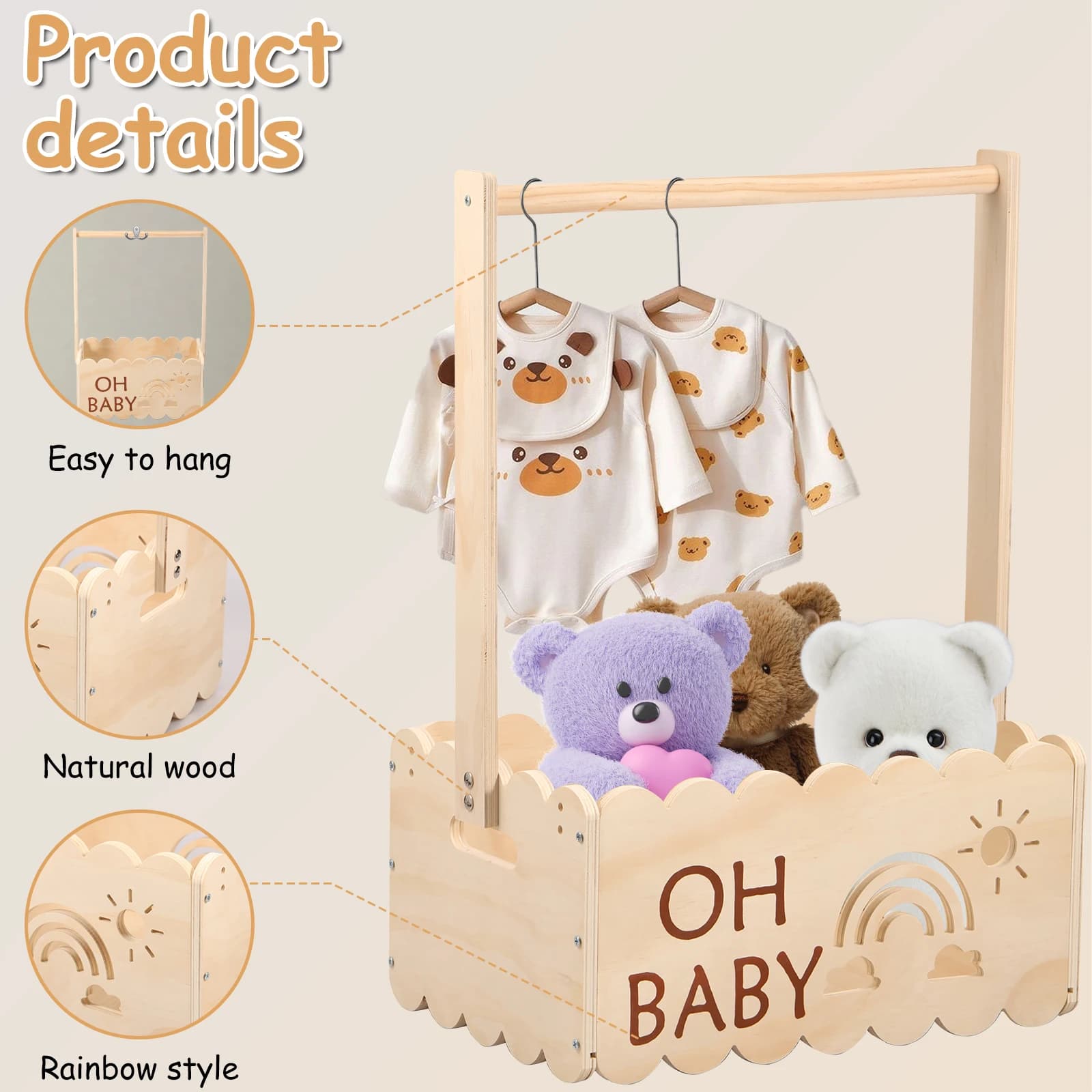 Caisse de douche en bois pour bébé, placard, panier de douche pour bébé avec poignée, panier cadeau 
