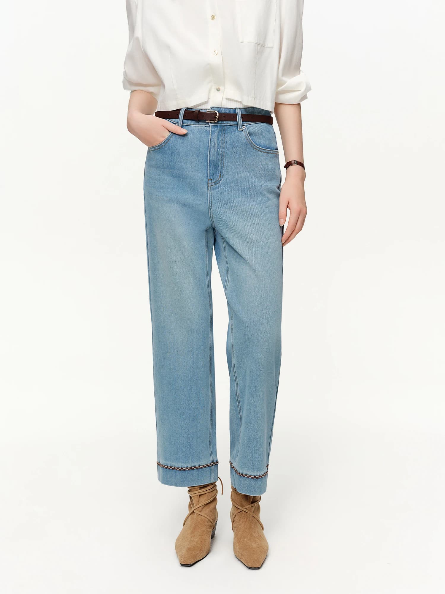 DUSHU Double longueur jean femmes taille haute coupe ajustée classique Baguette pantalon taille haut