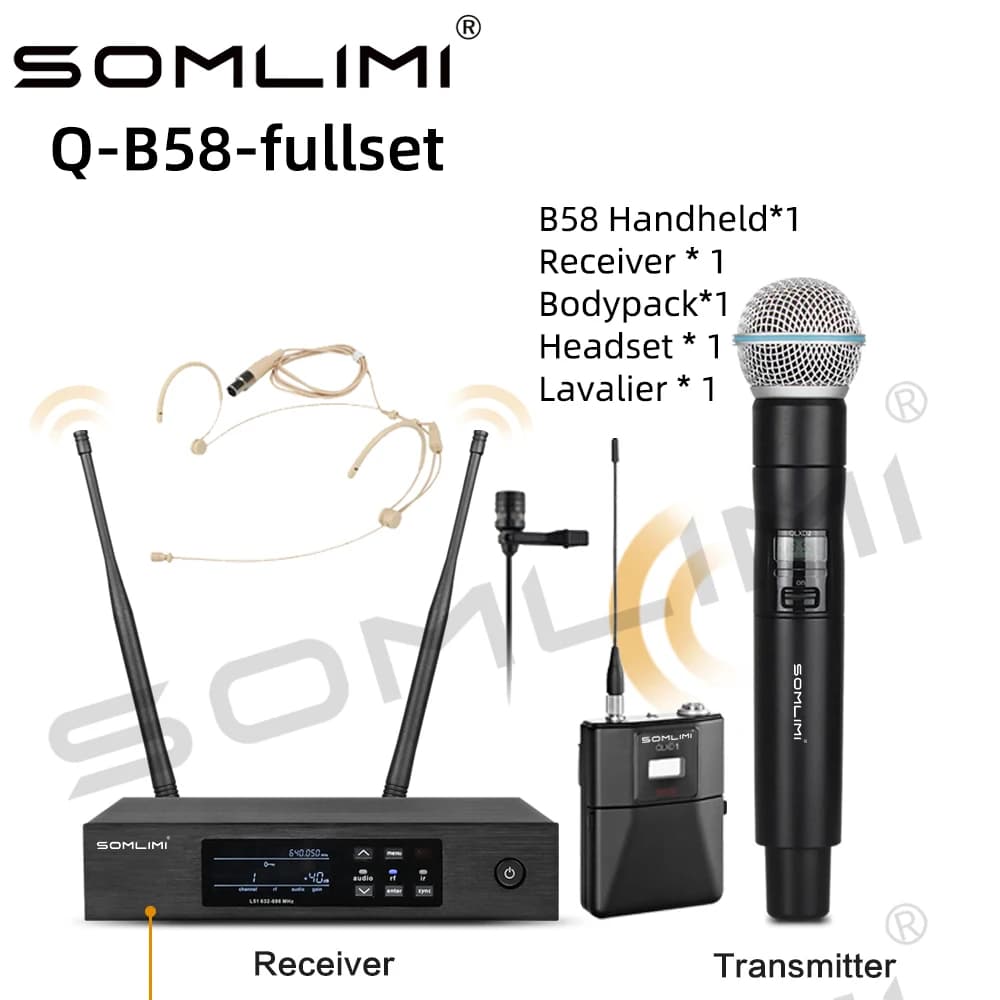SOMLIMI-Q-B58a-Fullset Déterminer Casque Bodypack Professionnel Sans Fil Microphone UHF True Diversi