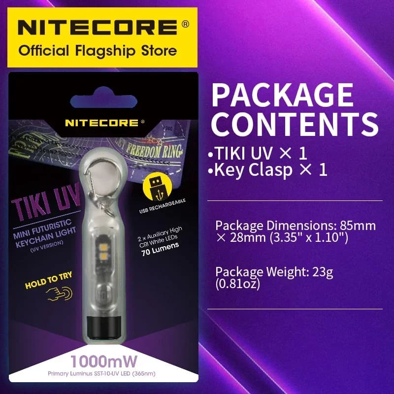 NITECORE TIKI – porte-clés Rechargeable UV, 1000mw, Identification des pierres précieuses, avec LED 