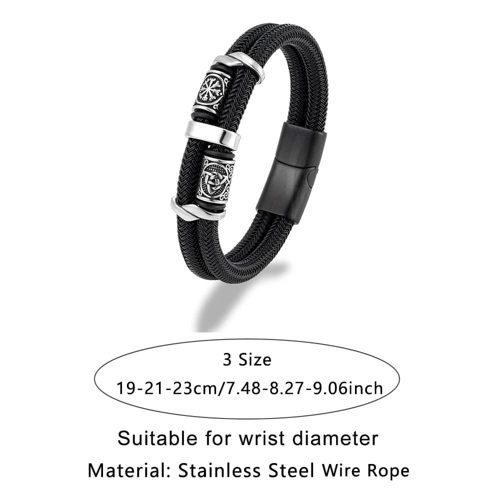 Vikings Runes Double couche Bracelet pour hommes en acier inoxydable câble métallique nordique Triqu