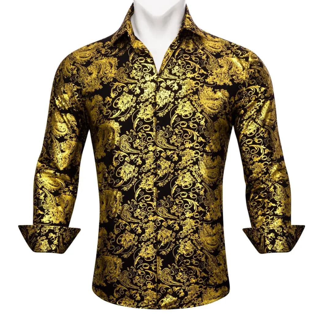 InjShirts de Luxe à Manches sulfpour Homme, Broderie Florale Noire et Dorée, Coupe Ajustée Régulière