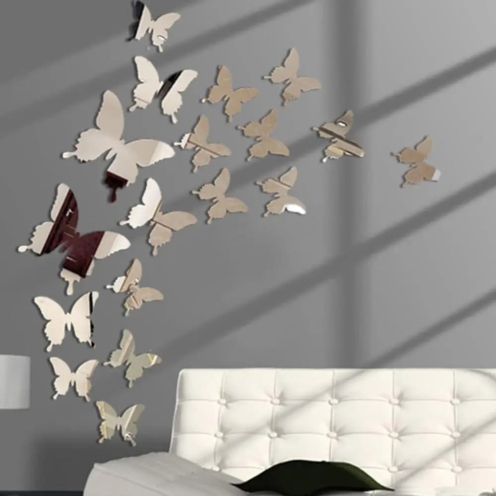 Autocollant mural miroir papillon 3D, 12 pièces/lot, décalcomanie, art parfait, décoration de mariag