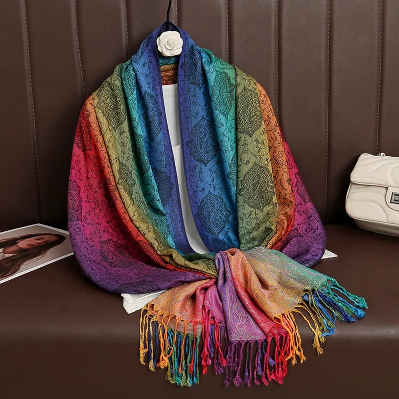 Couleurs arc-en-ciel hiver chaud épais Style ethnique Jacquard écharpe femmes voyage musulman Hijab 