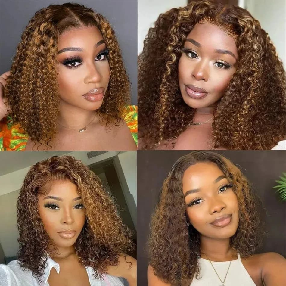 Perruque Bob Ombrée Highlight en Cheveux Humains, Perruque Courte Bouclée Blonde Miel avec Fermeture