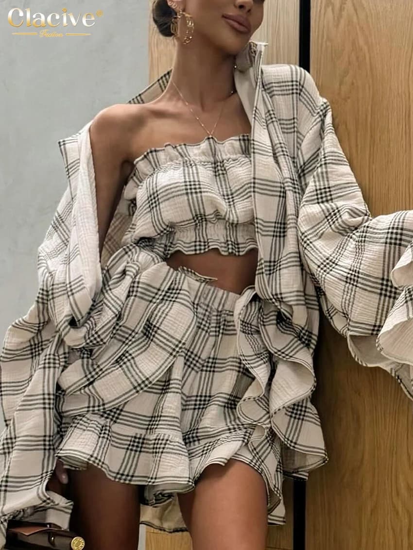 ClacMarkets-Ensemble 2 pièces en coton à carreaux pour femme, chemise élégante à manches longues, ha