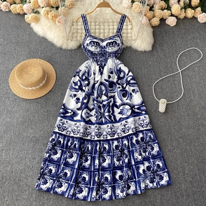 Robe longue de vacances pour femmes, col en v, imprimé rouge, bleu et blanc, bretelles Spaghetti, ét