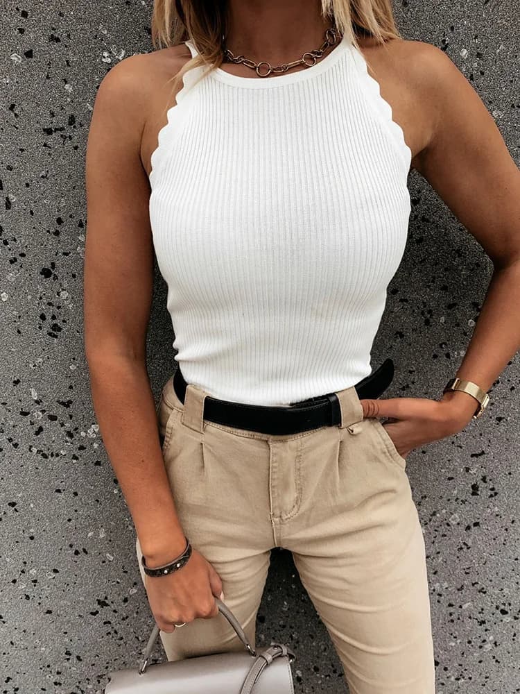 Chemisier à col rond pour Femme, Sexy, Slim, élégant, couleur unie, sans manches, Streetwear, décont