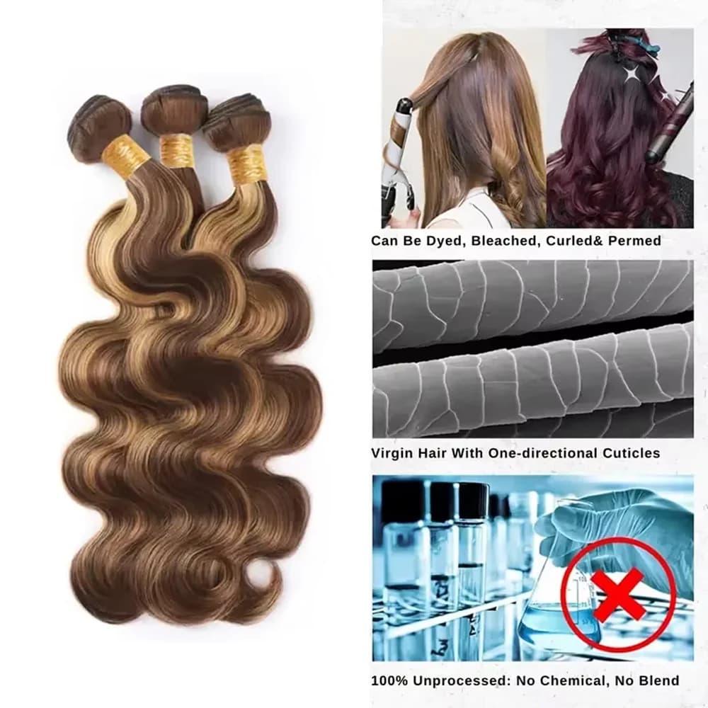 Extensions de Cheveux Humains Naturels Brésiliens Vierges, Ondulés, Ombrés, Couleur Miel Blond P4/27