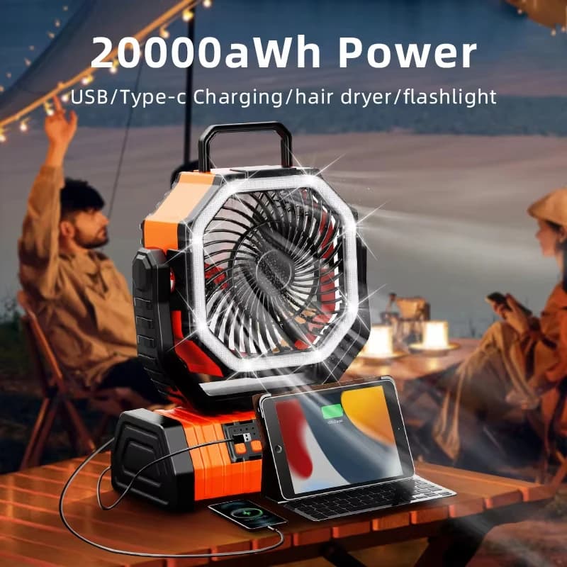 Ventilateur portatif à piles de 20000mAh, Rechargeable, pour bureau/Camping, avec lumière LED et cro