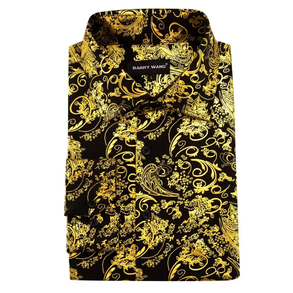 InjShirts de Luxe à Manches sulfpour Homme, Broderie Florale Noire et Dorée, Coupe Ajustée Régulière
