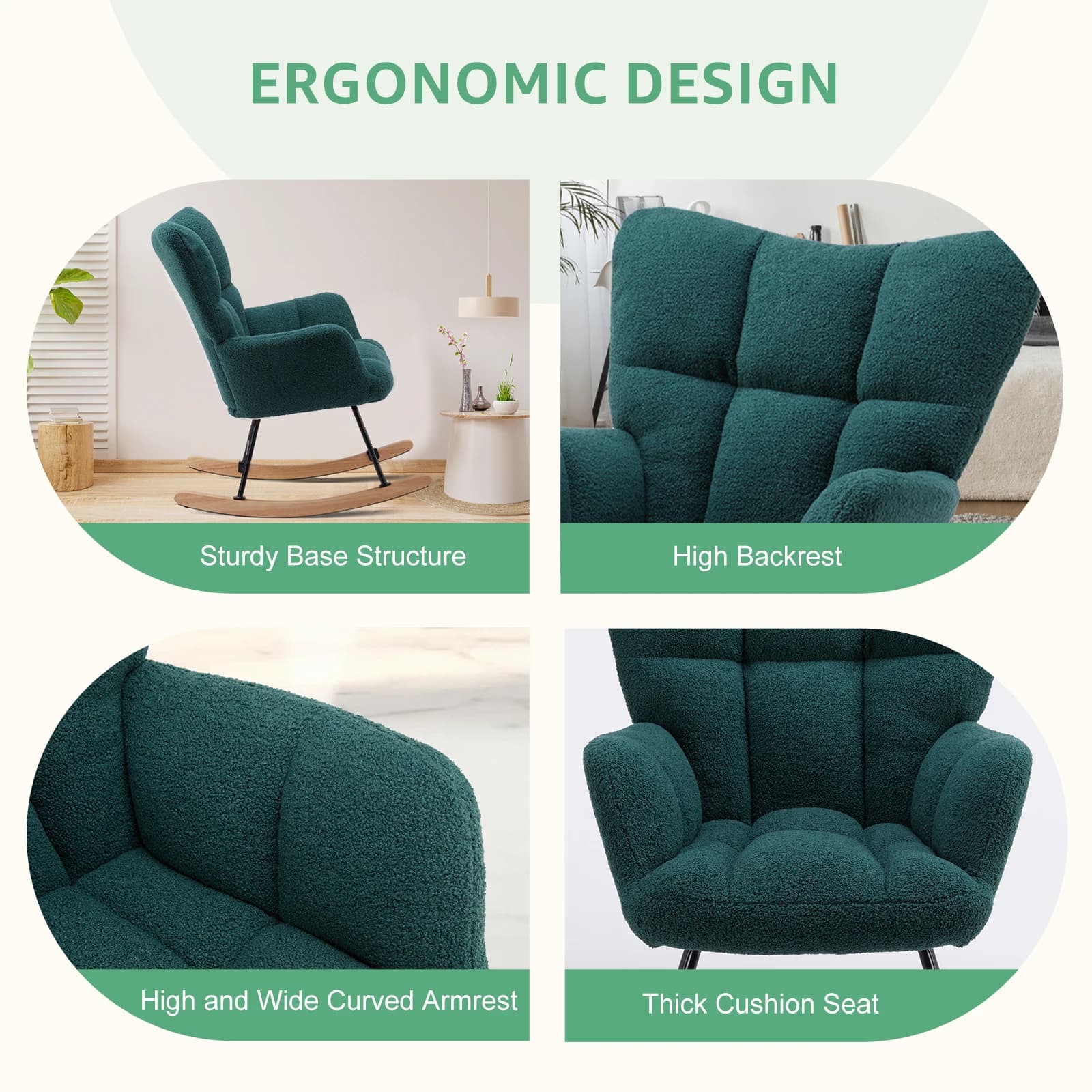 JIan Teddy-Fauteuil à bascule en tissu avec dossier haut, siège rembourré, fauteuil inclinable d'app