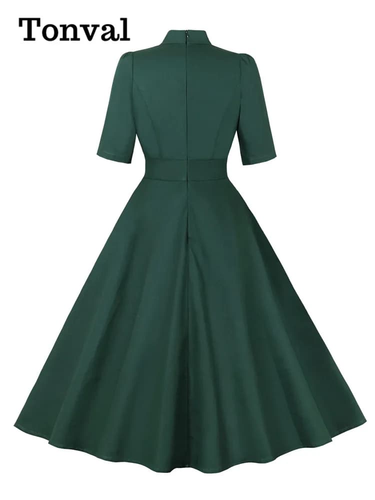 Tonval-Robe longue à col montant et manches mi-longues pour femmes, robes d'été vertes élégantes, oc