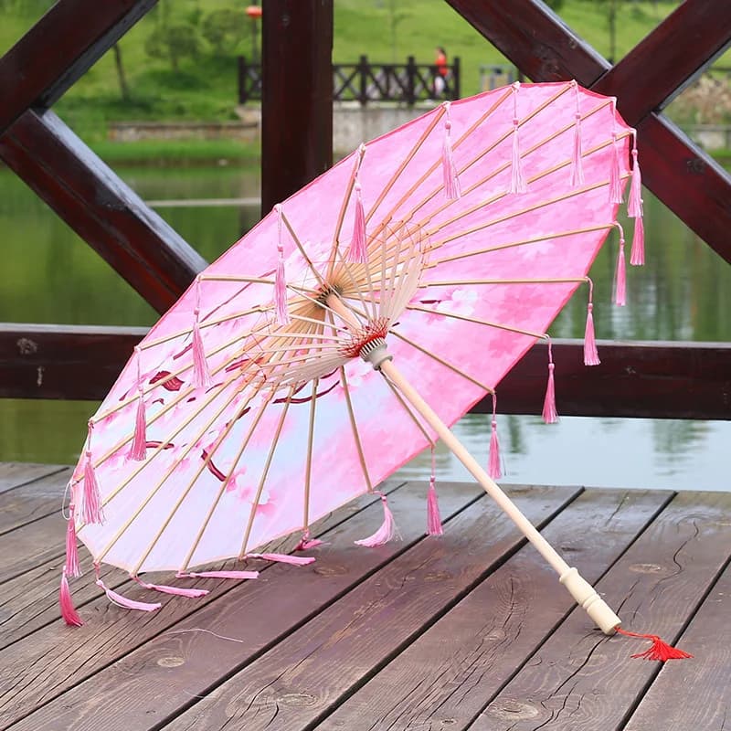 Parapluie en tissu de soie 82CM, pompon, Cosplay Hanfu, papier à l'huile, Style chinois ancien, Styl