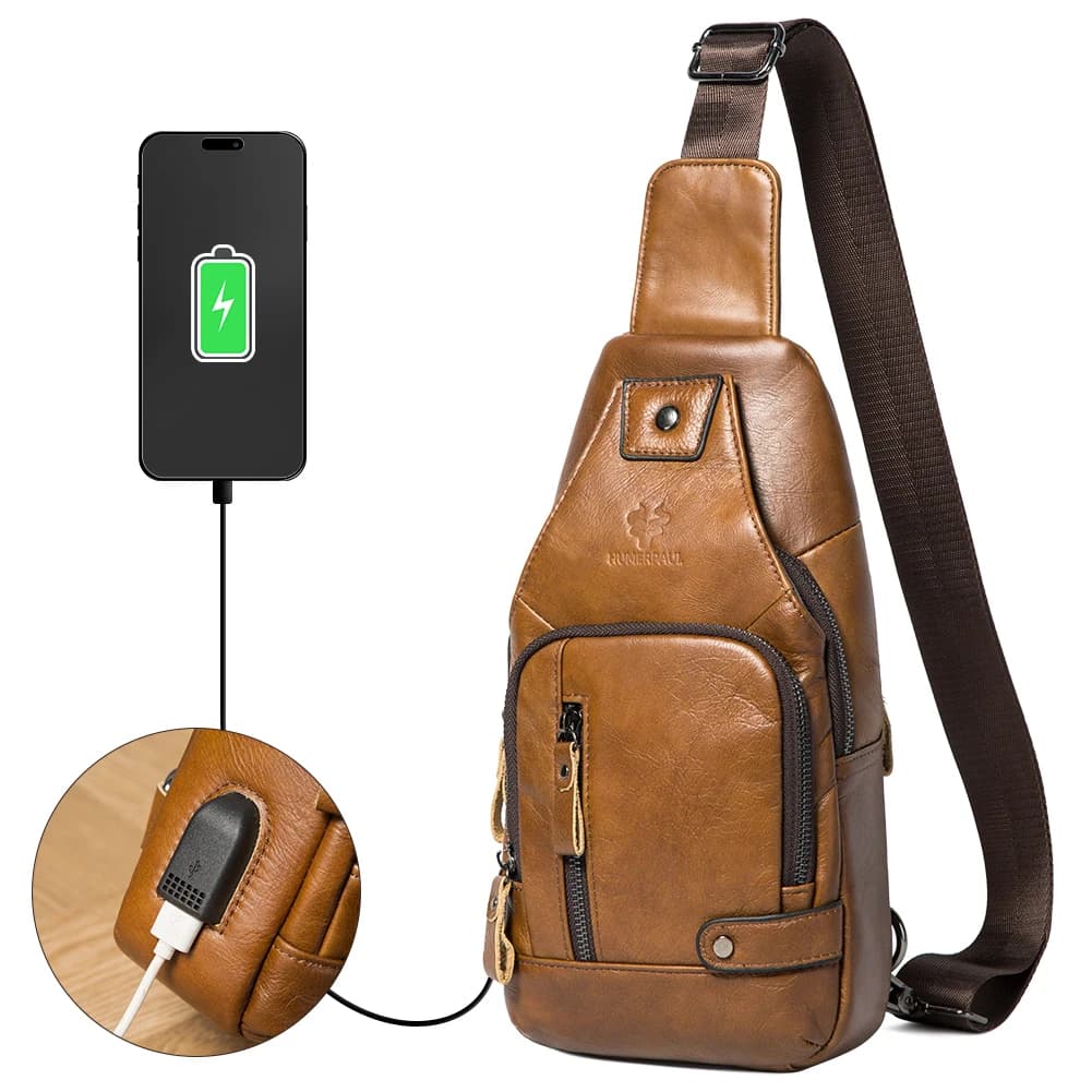 HUMERPAUL-Sac de poitrine USB pour homme, 100% cuir véritable, sacs à bandoulière initiés, sac de me