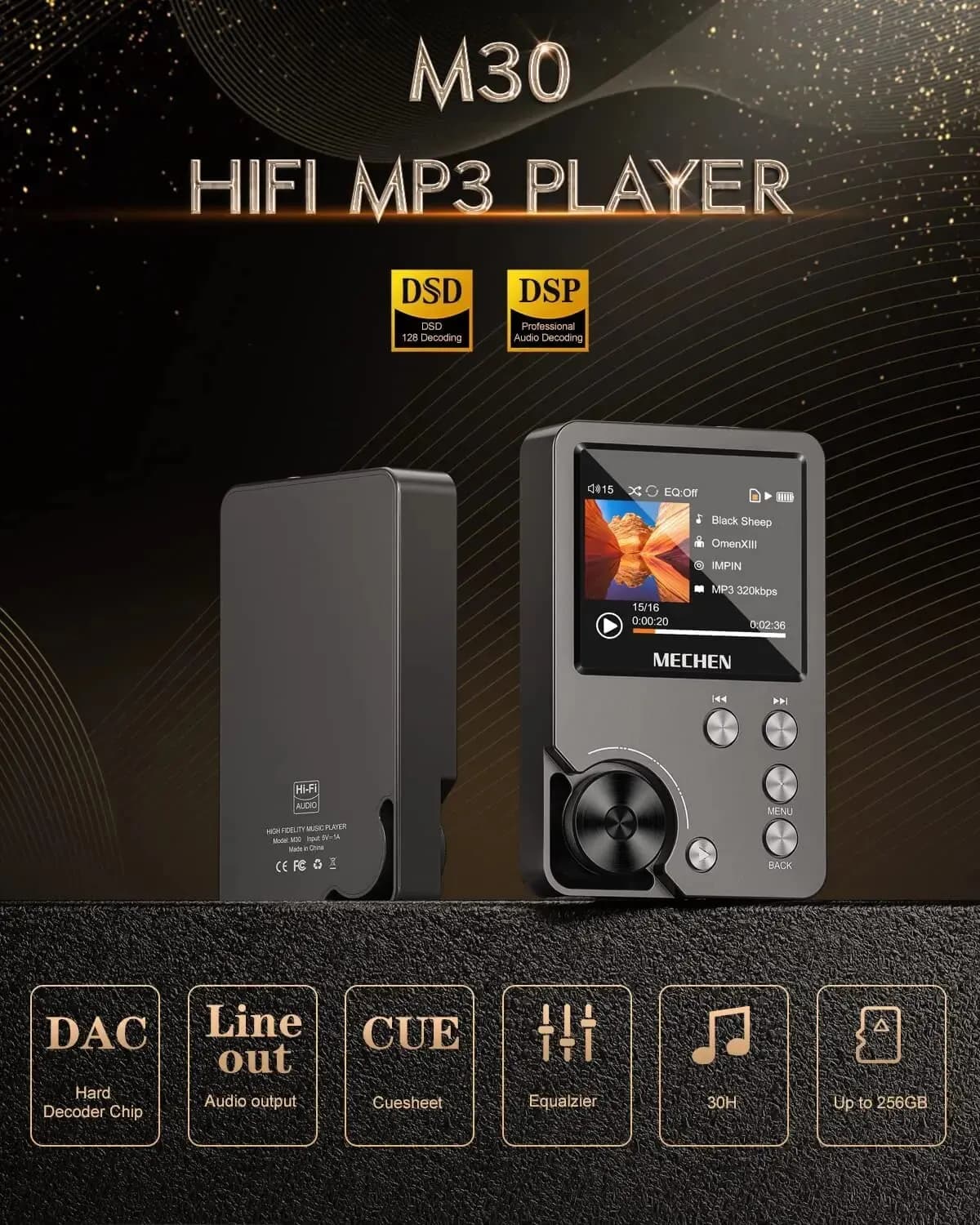 Lecteur MP3 sans perte de haute qualité/MECHEN-M30/HiFi/avec support de carte mémoire 64 Go jusqu'à 