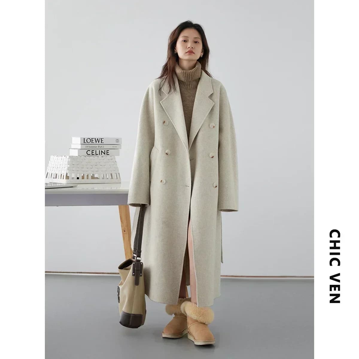 CHIC VEN – manteaux longs en laine Double face pour femme, pardessus rétro ample, Double boutonnage,