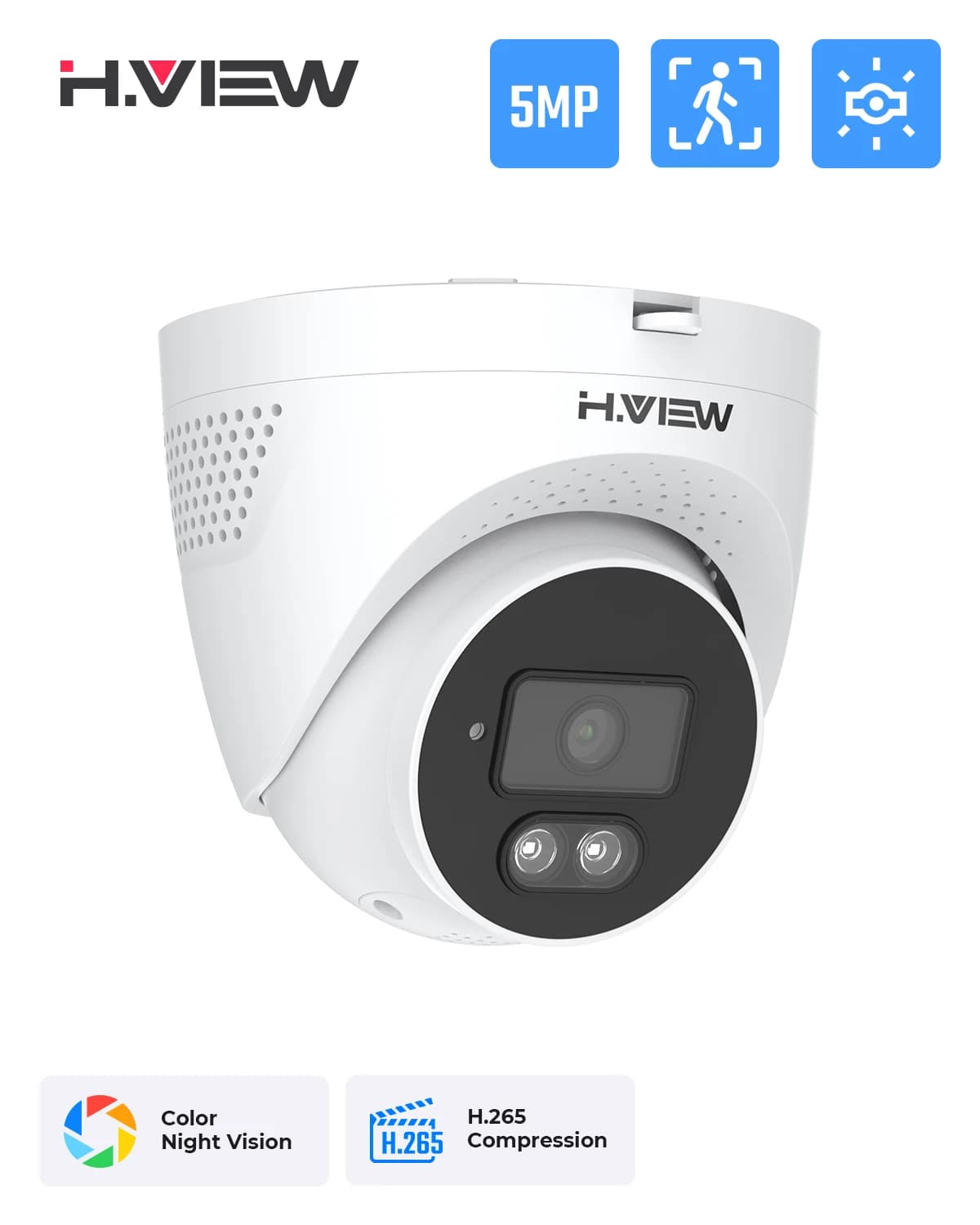 H.View-Caméra de surveillance étanche IP Poe Ai 5MP, dispositif de sécurité avec détection qualifiée