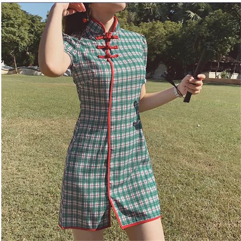 Qipao – robe à carreaux en coton pour femmes, motifs Vintage à rayures, tenue de soirée élégante, ét