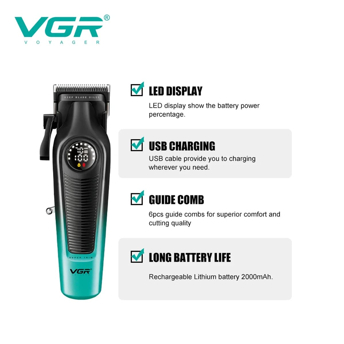 VGR V196 tondeuse à cheveux professionnelle pour hommes lame DLC affichage LED sans fil USB lame en 