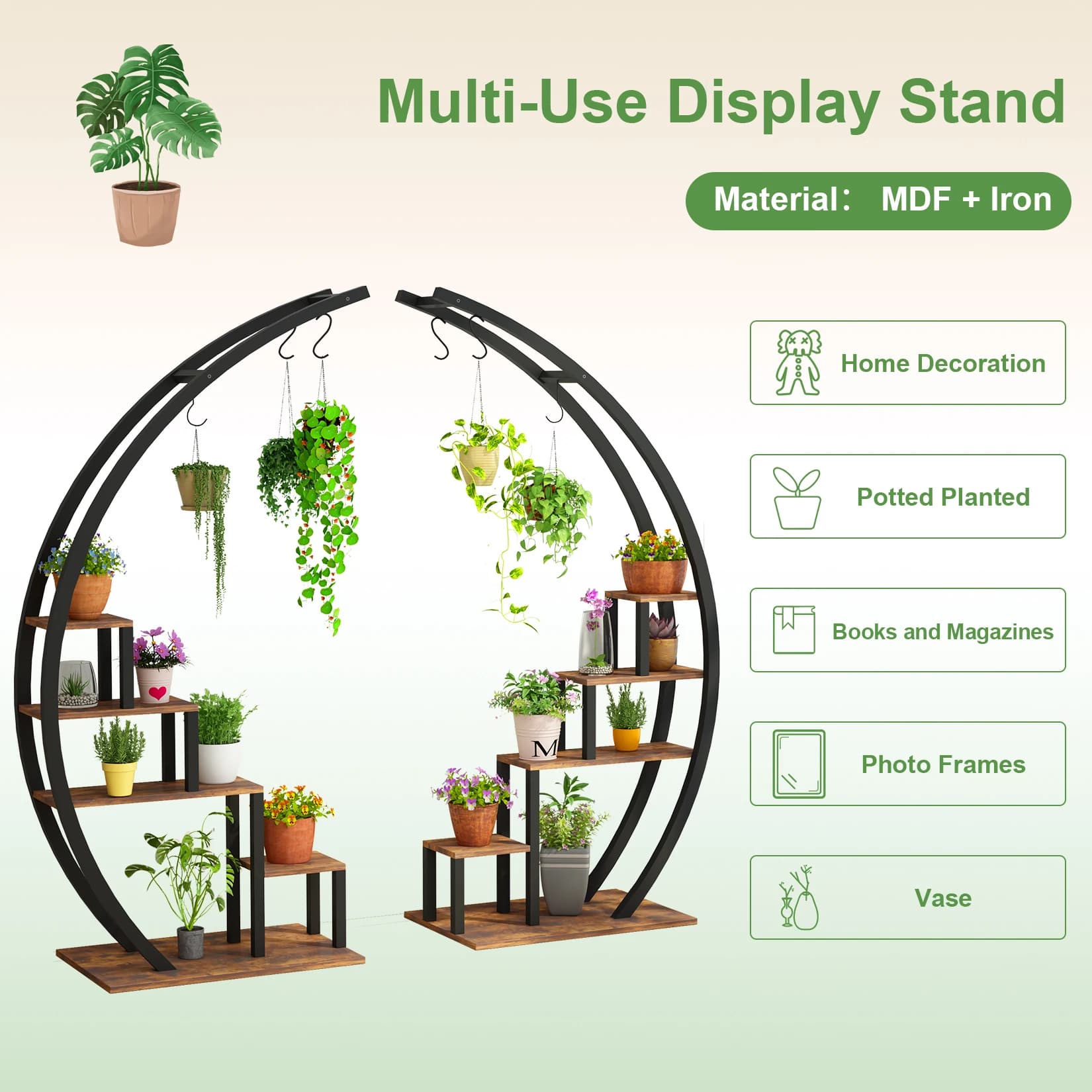 Support pour plantes à fleurs à 5 niveaux d'intérieur, paquet de 2 étagères pour plantes demi-lune, 