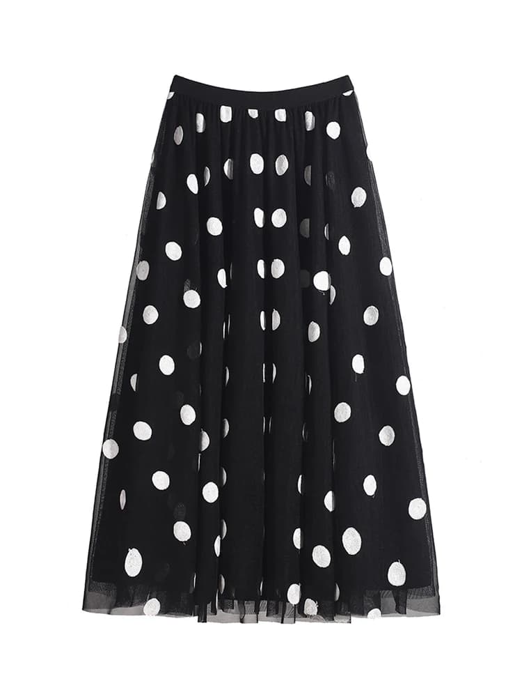Jupes mi-longues élégantes brodées à pois pour femmes, jupe trapèze femme, taille haute, maille 3 co