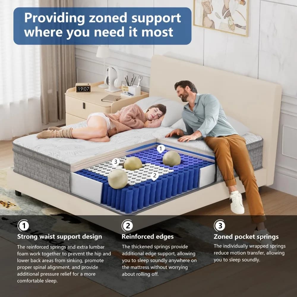 Matelas, matelas hybride californien de 14 pouces dans une boîte, ressorts ensachés et mousse à mémo
