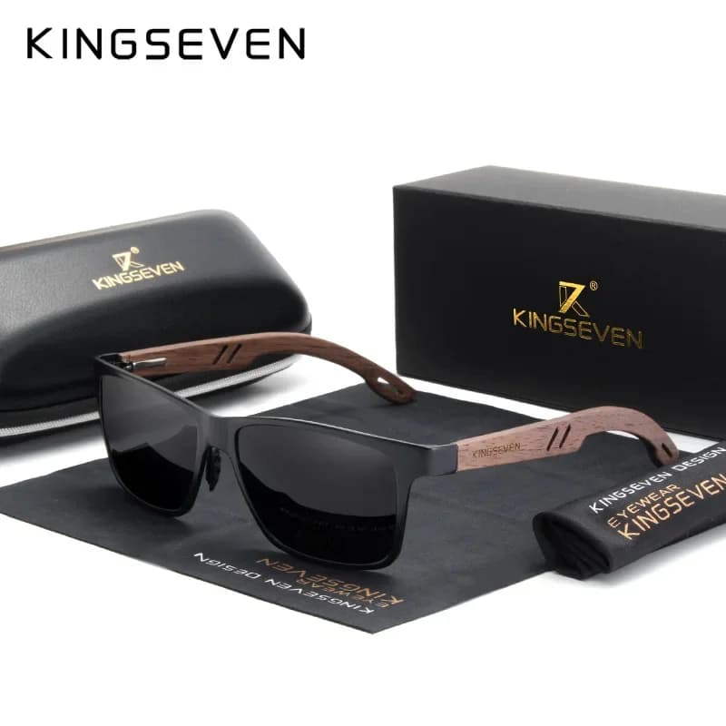 KINGSEVEN Lunettes de soleil carrées polarisées pour hommes en bois de noyer faites à la main, prote