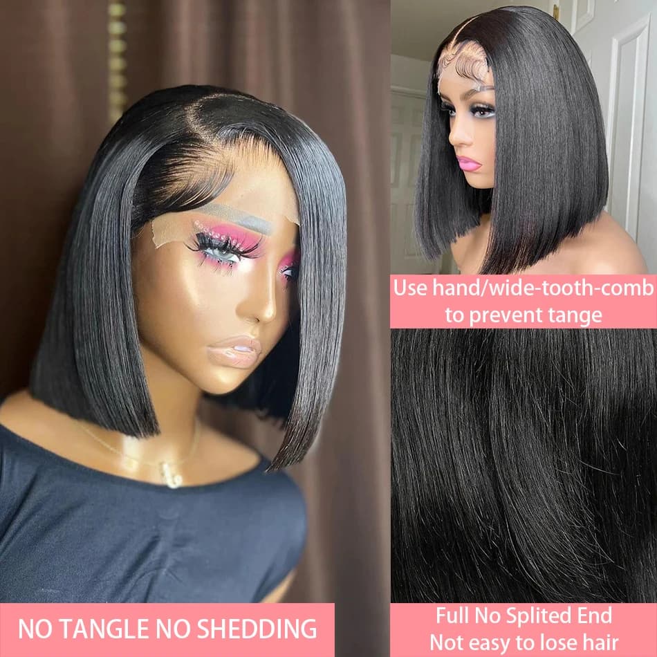 Perruques Lace Frontal 13x4 ultra-lisses, coupe courte bob, pré-épilées, avec dentelle transparente 
