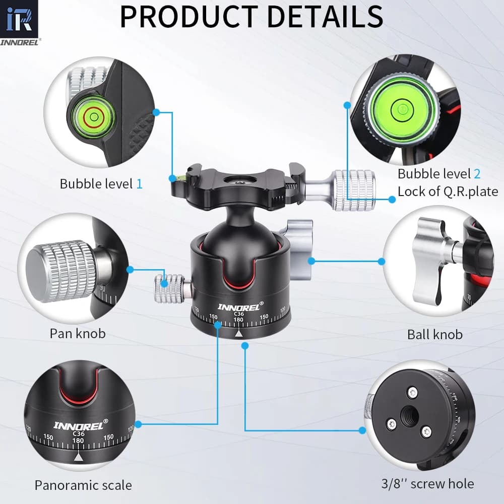 INNOREL C36 Rotule à profil bas 36 mm CNC Métal 360 °   Tête de trépied d'appareil photo panoramique