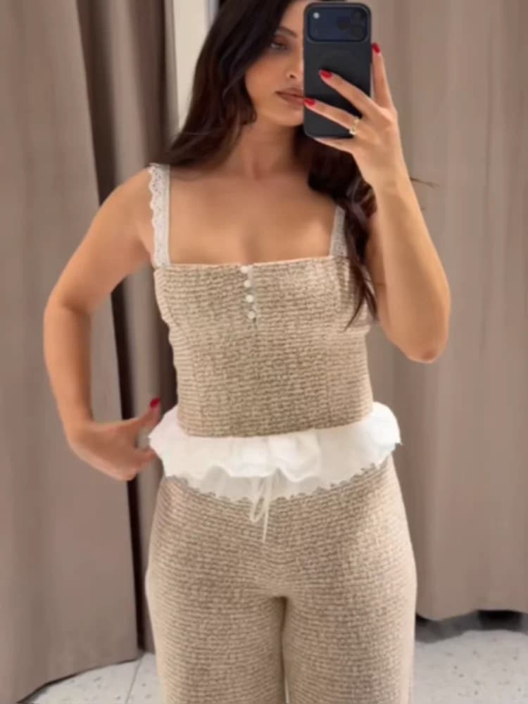 Ensemble décontracté élégant 2 pièces pour femme : Haut court à bretelles fines et volants, pantalon