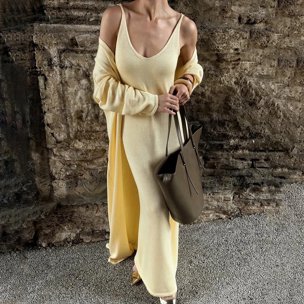Tuularose femmes robe longue 2 pièces solide tricoté Spaghetti sangle robe à manches longues Cardiga