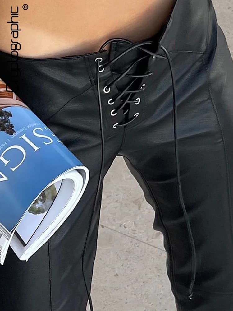 Pantalon droit en similicuir PU à lacets, style cryptographique, pour femme, streetwear, club, soiré